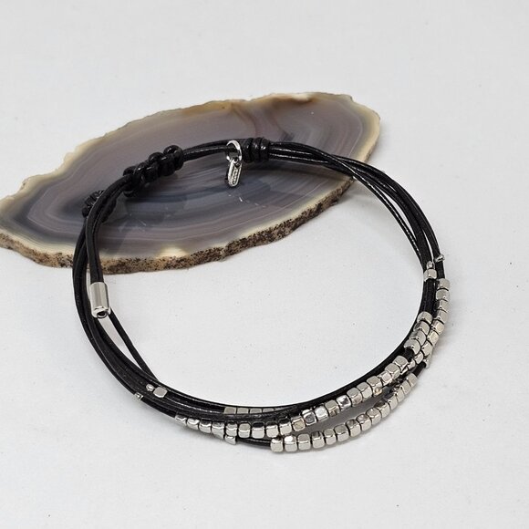 Fossil Brown Leather Multi Cord Silver Tone Beads Bracelet Boho - Picture 12 of 12